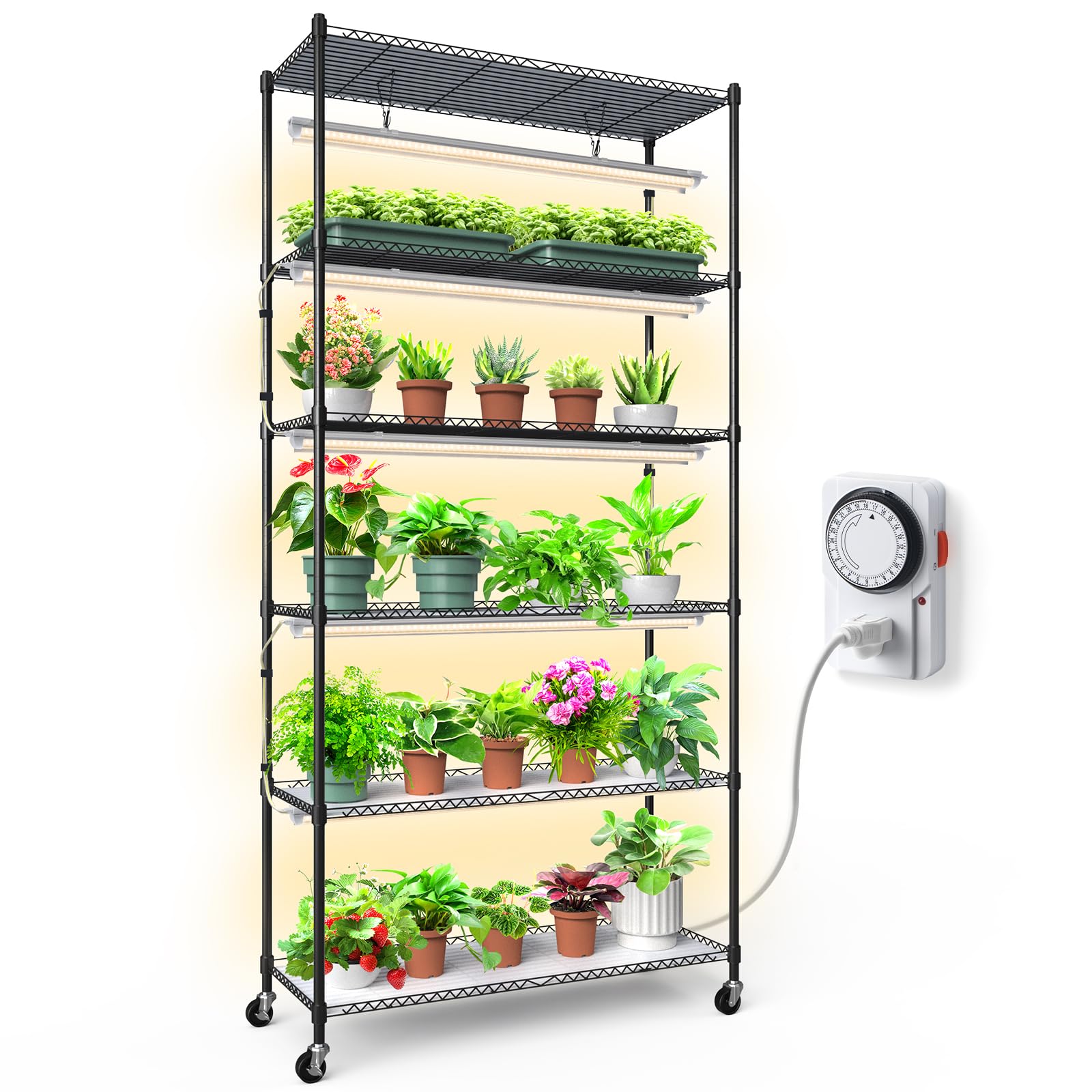 Barrina T8 6-Tire Plant Stand with 5Pcs 30W LED Grow Lights 3FT Yellow Light
