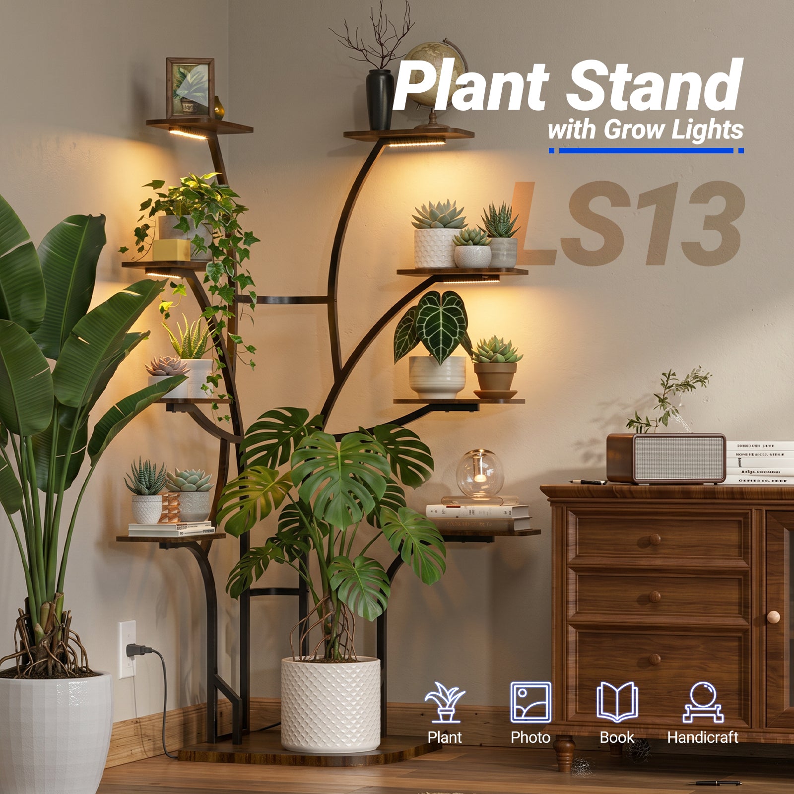 Barrina LS13 Corner Plant Stand with 4-Pack 0.5FT Grow Lights | Full Spectrum & 9-Tier | LS13