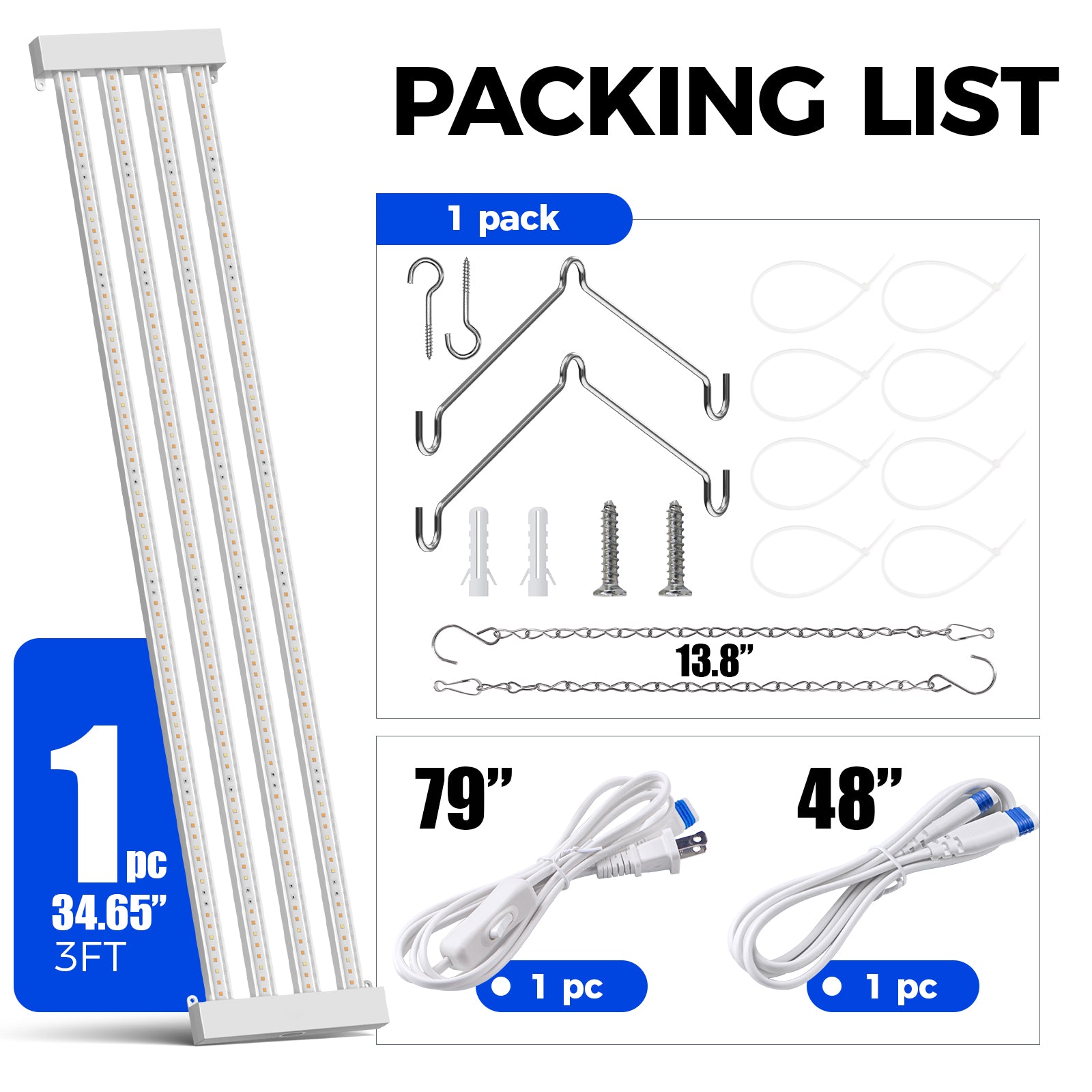 Barrina TX-L63 63W LED Grow Lights 3FT 3000K+6500K+660nm | Full Spectrum & Linkable | TX-L63