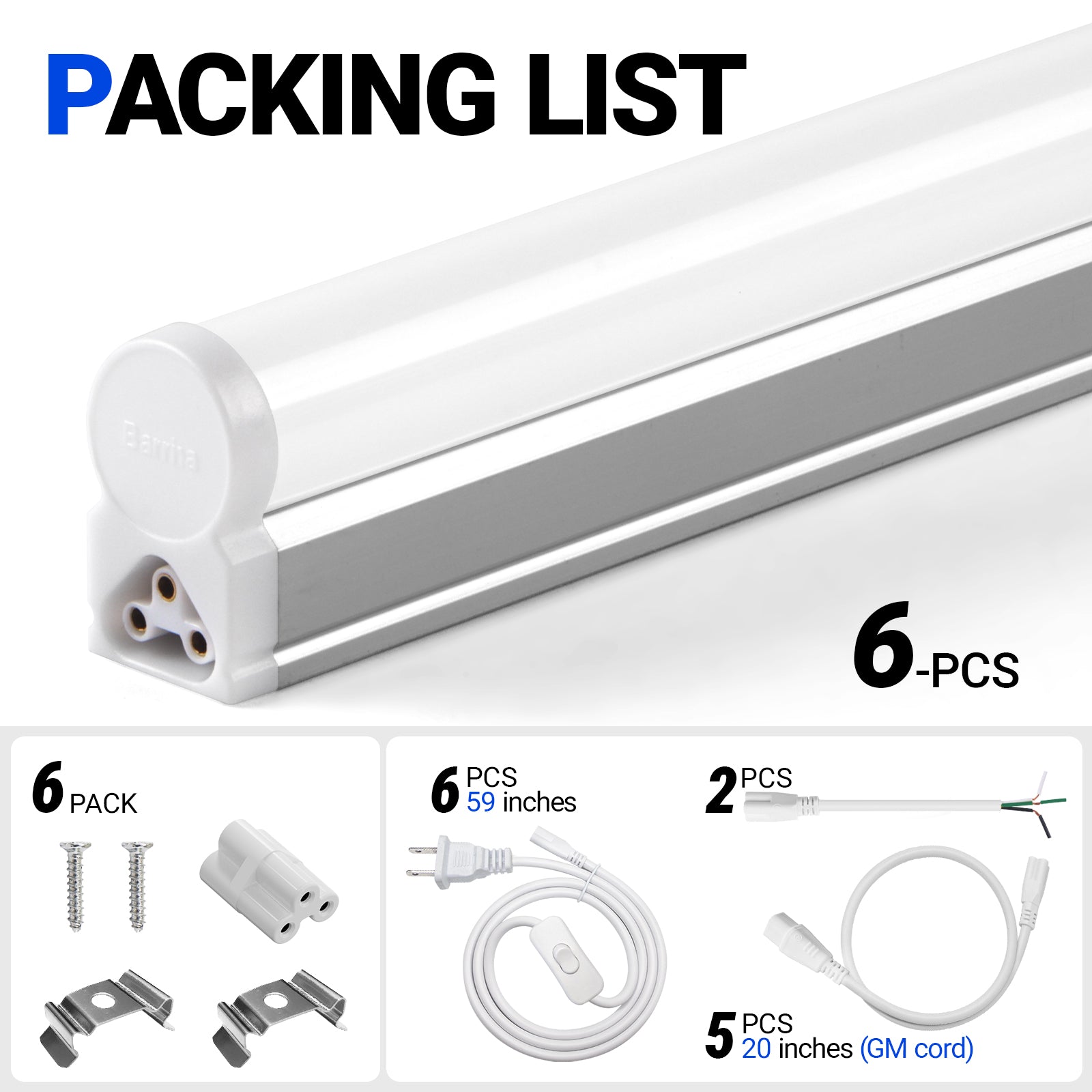 Barrina T5 20W LED Shop Lights 4FT 6500K 2200LM | Linkable & Corded Electric Switch | AAL20