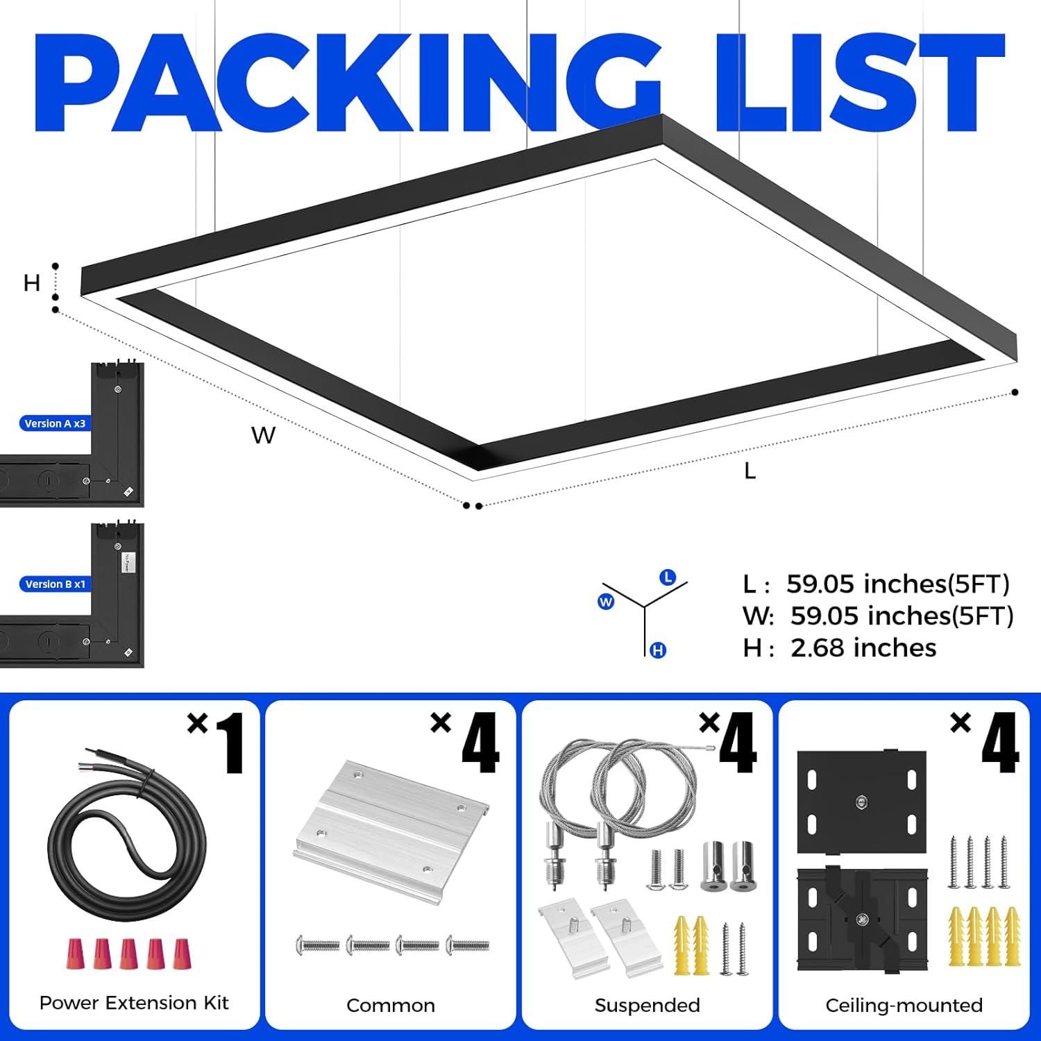 Barrina 5568-0-10V Series 2nd-Generation 226W Square Set LED Linear Lights 5FT * 5FT 3000K - 6000K 21600LM | Seamless Connection & Dimmer Not Included