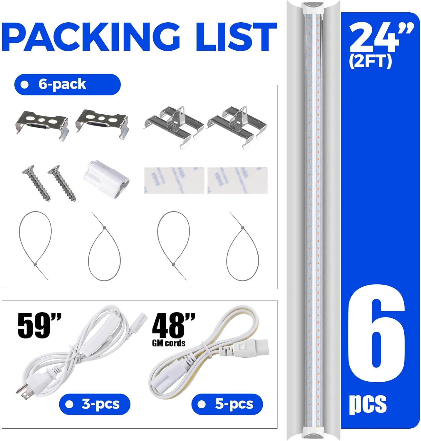 Barrina T8 24W LED Grow Light 2FT Pinkish White 6 Pack | Reflectors & Linkable | QF24