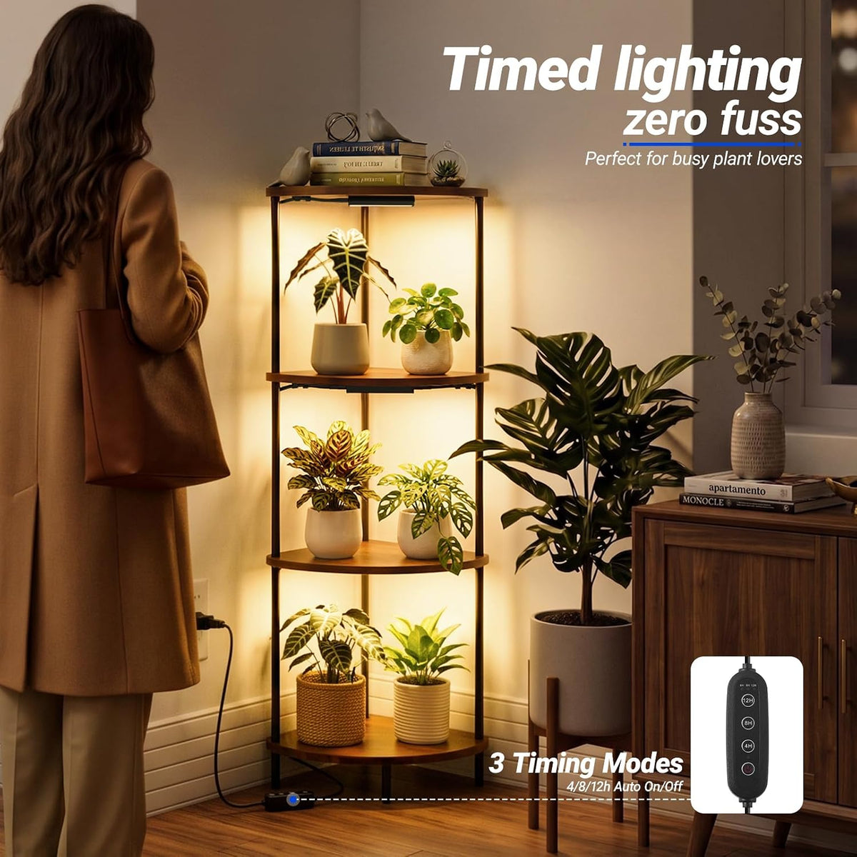 Barrina LS15 Corner Plant Stand with 3-Pack 3000K Grow Lights with timer| Full Spectrum & 4-Tier | LS14