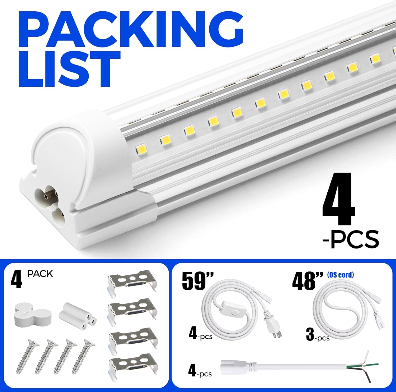 Barrina T8 72W LED Shop Lights 8FT 5000K 10000LM 4 Pack | Clear Cover & V Shape Tube | BAX72