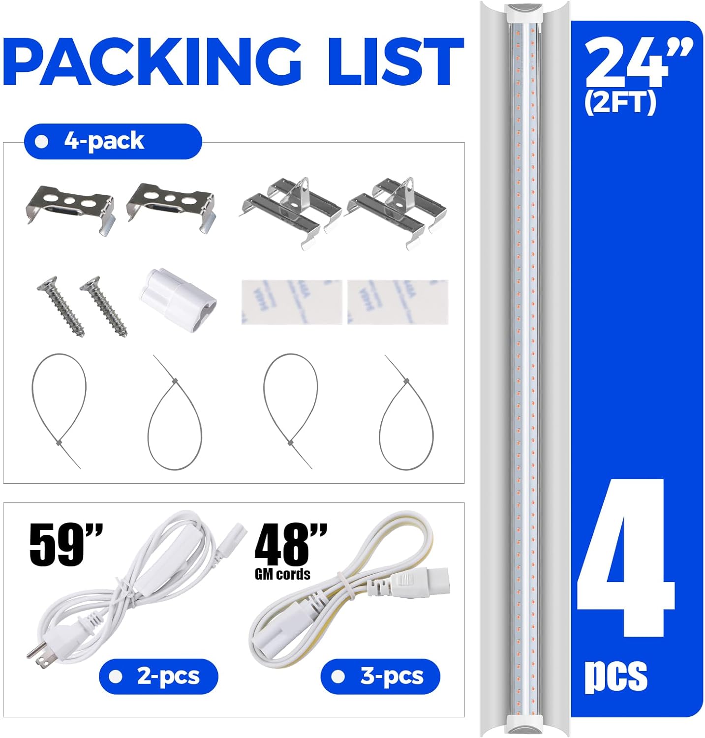 Barrina T8 24W LED Grow Light 2FT Pink Light 4 Pack | Reflectors & Linkable | QF24