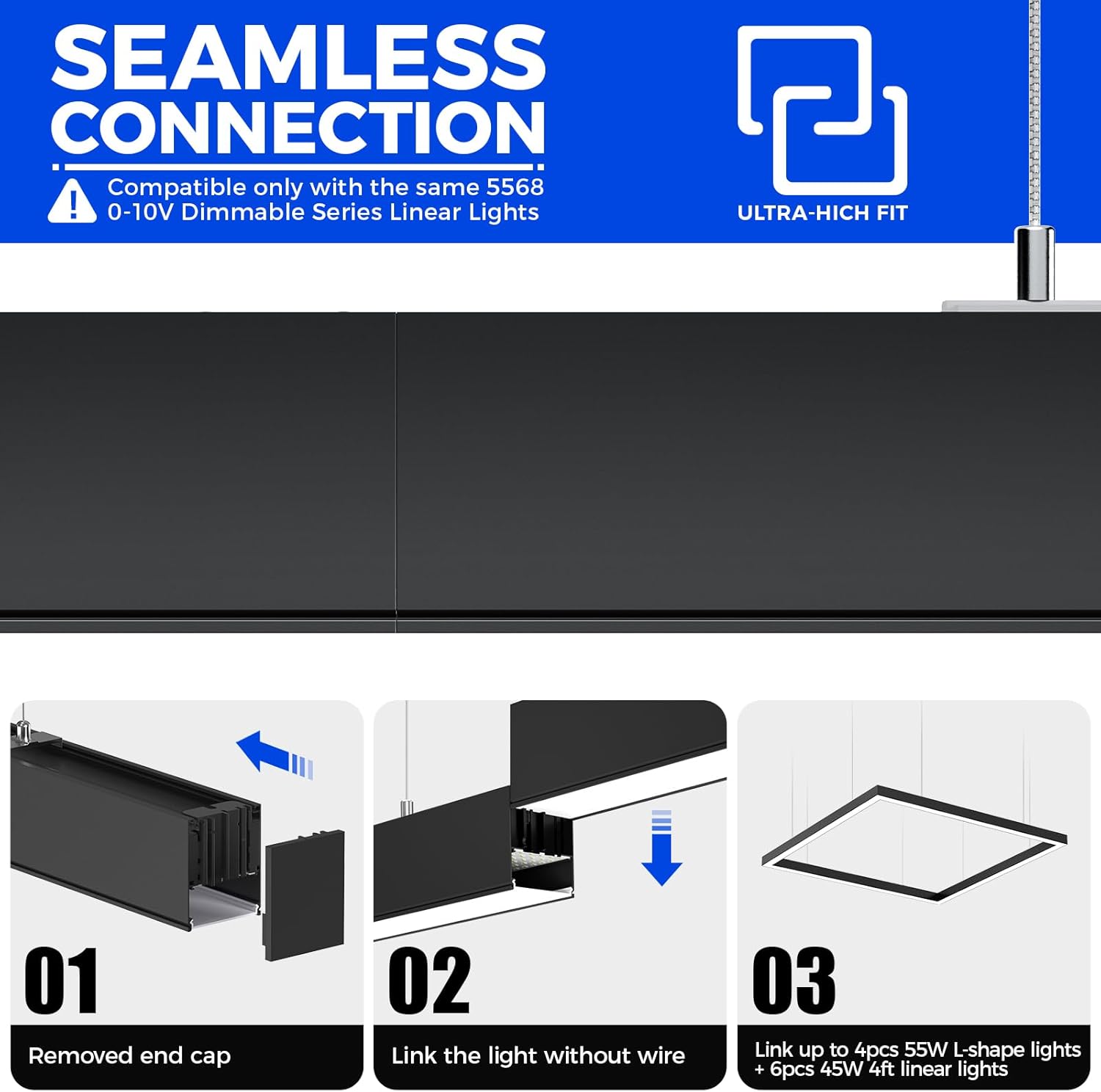 Barrina 5568-0-10V Series 2nd-Generation 226W Square Set LED Linear Lights 5FT * 5FT 3000K - 6000K 21600LM | Seamless Connection & Dimmer Not Included