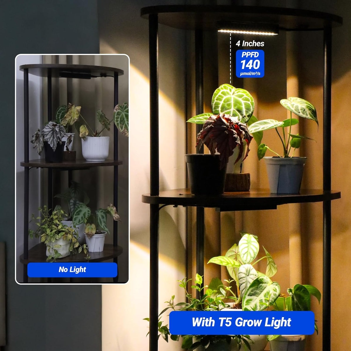 Barrina LS14 Corner Plant Stand with 4-Pack 3000K Grow Lights with timer| Full Spectrum & 5-Tier | LS14
