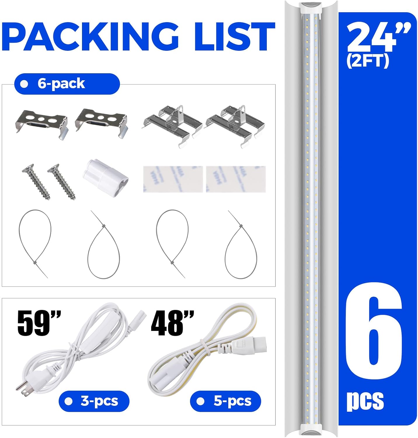 Barrina T8 24W LED Grow Light 2FT 5000K 6 Pack | Reflectors & Linkable | QF24