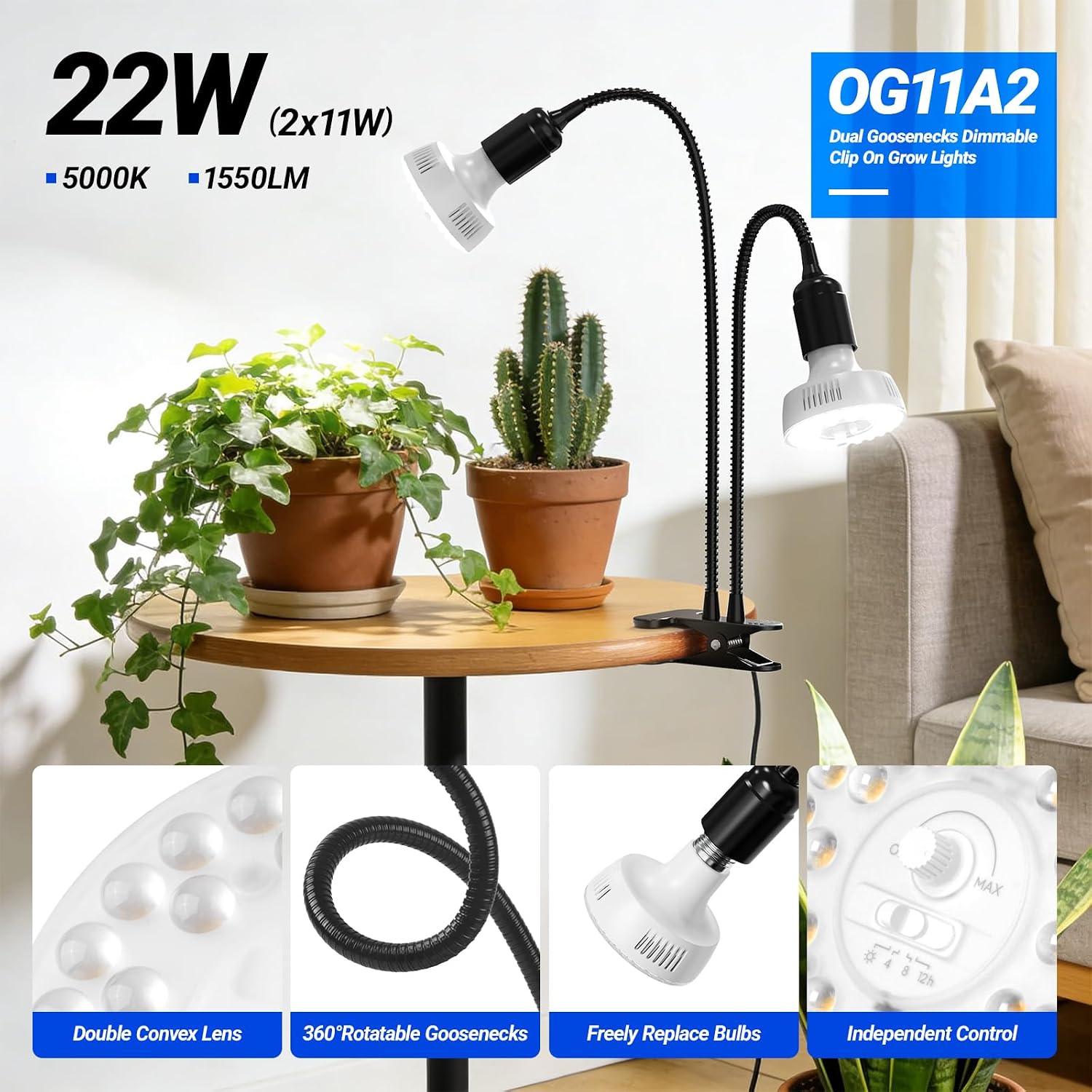 Barrina Orbgrow 2 x 11W Clip-On LED Grow Lights 5000K | Full Spectrum, Dimmable & Timing | OG11A