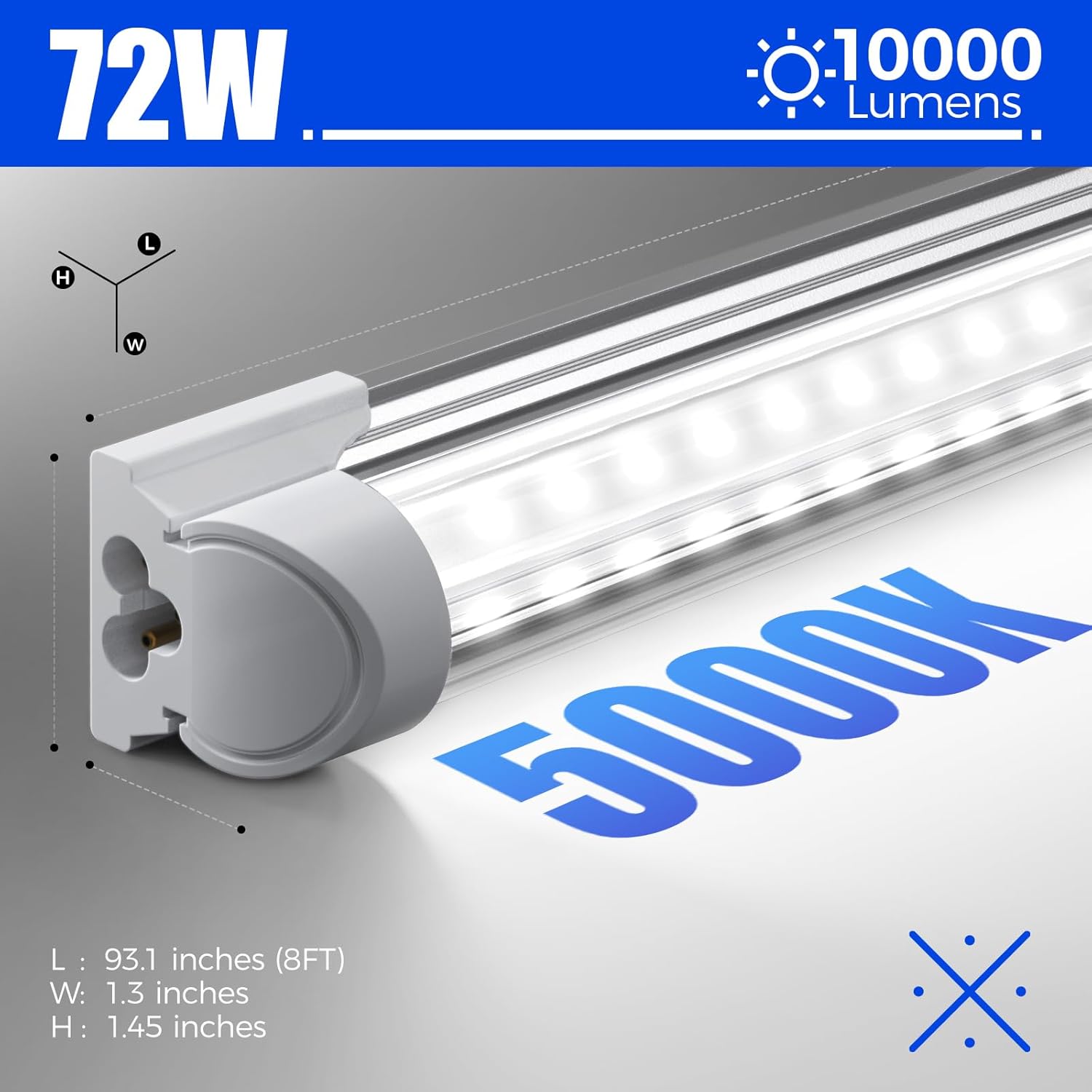 Barrina T8 72W LED Shop Lights 8FT 5000K 10000LM | Clear Cover & V Shape Tube | BAX72