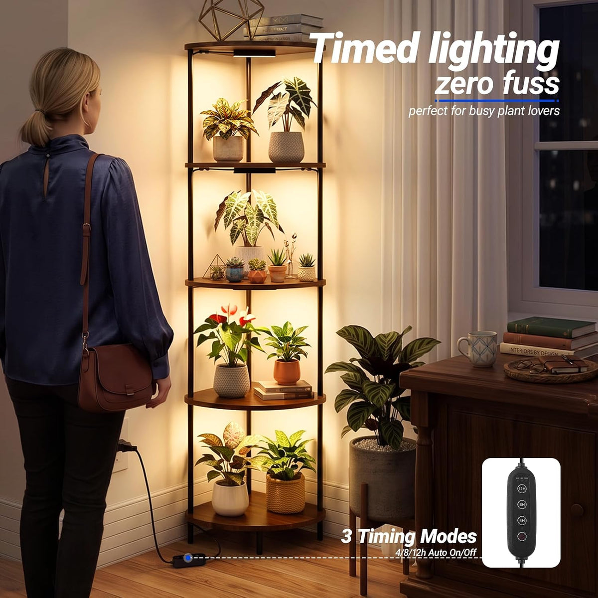 Barrina LS14 Corner Plant Stand with 4-Pack 3000K Grow Lights with timer| Full Spectrum & 5-Tier | LS14