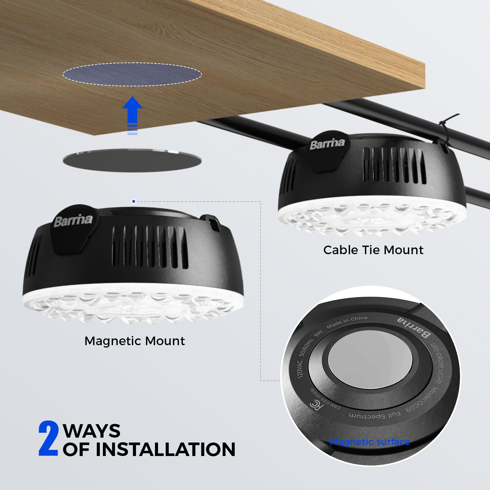 Barrina Orbgrow 9W LED Puck Grow Lights 3000K+6500K+660nm | Full Spectrum, Magnetic, Timer, Dimmable & Linkable | OG09