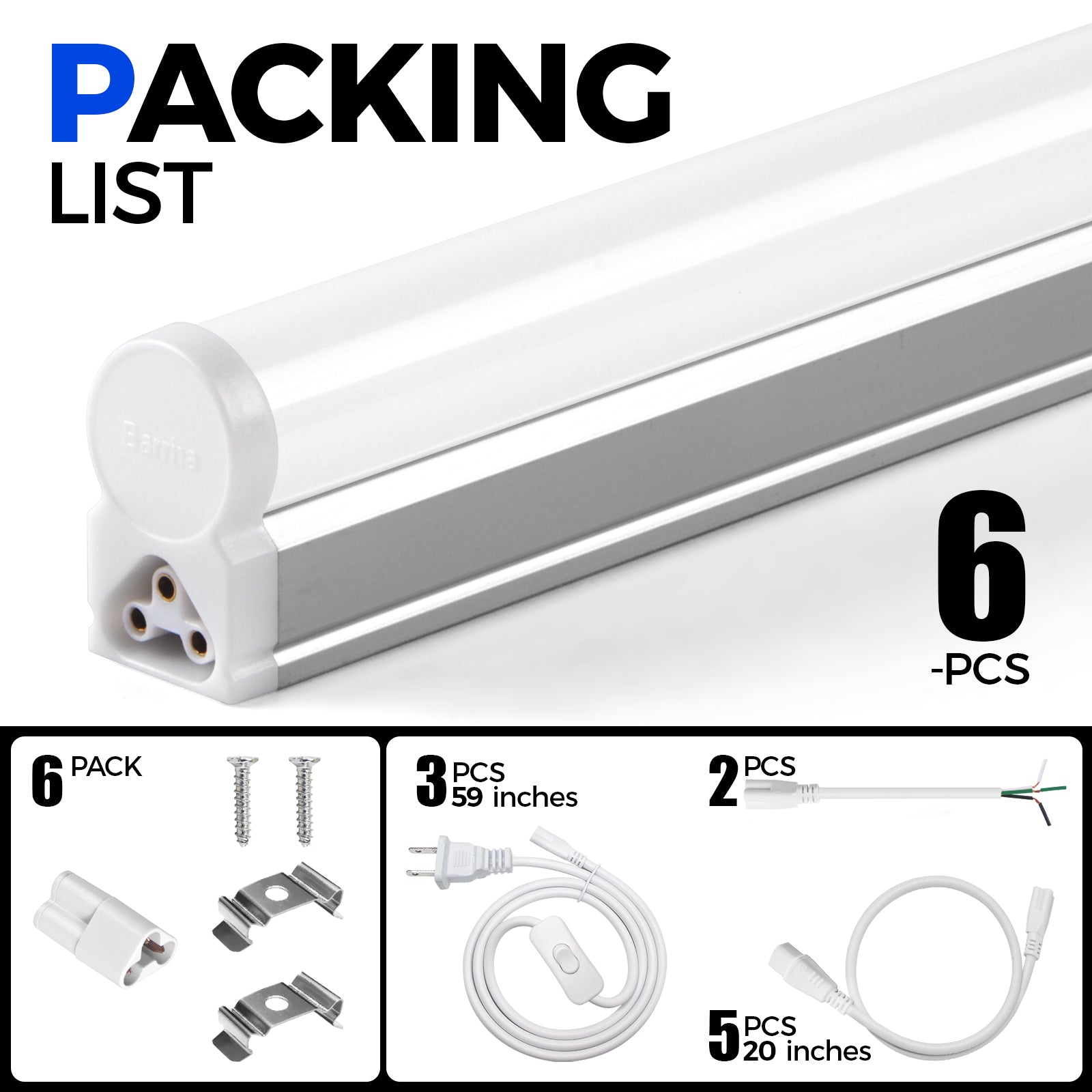 Barrina T5 5W LED Shop Lights 1FT 6500K 600LM | Linkable & Corded Electric Switch | AAC5