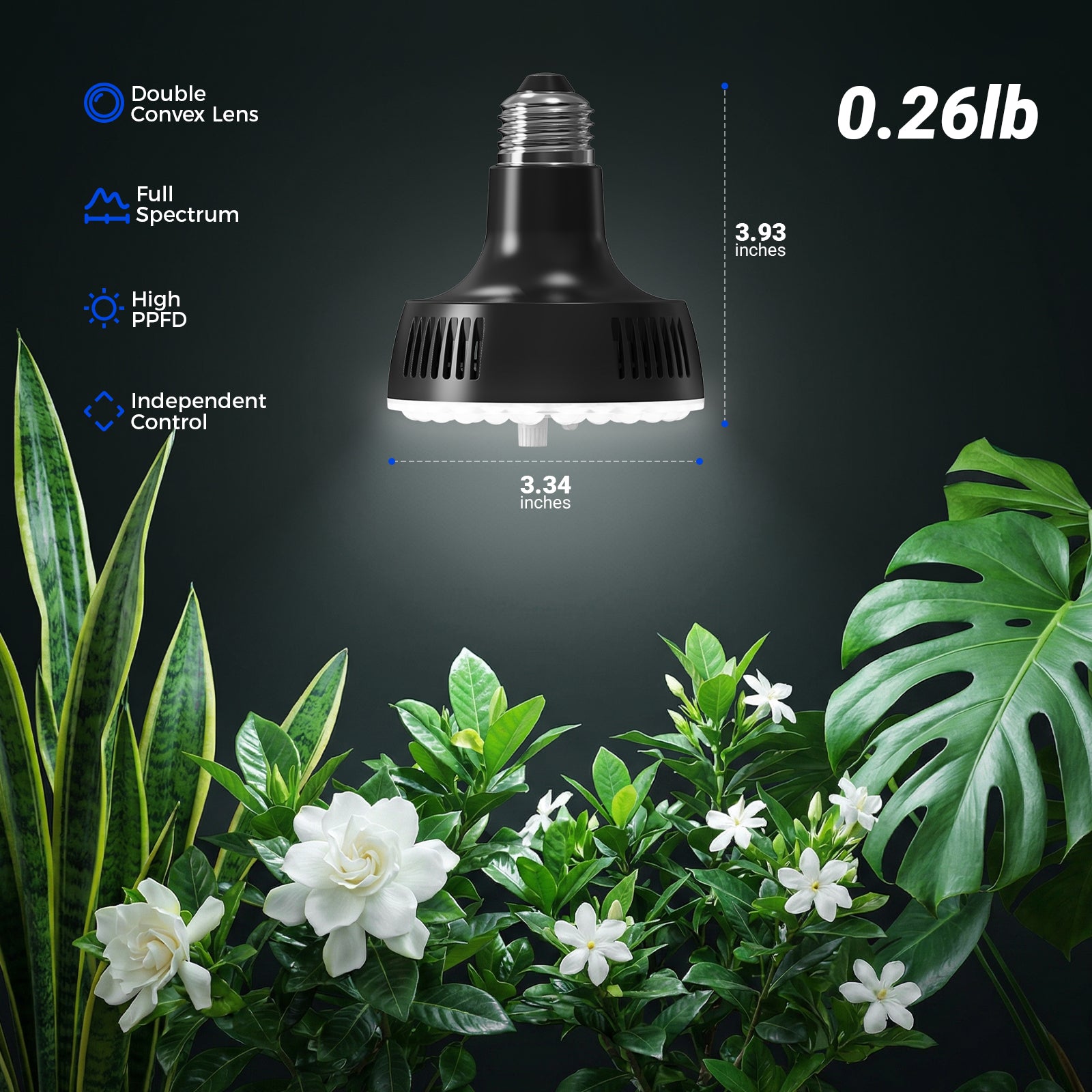 Barrina Orbgrow 11W LED Grow Light Bulb 5000K | Full Spectrum, Dimmable, Timer & E26 Base | OG11A (Black)