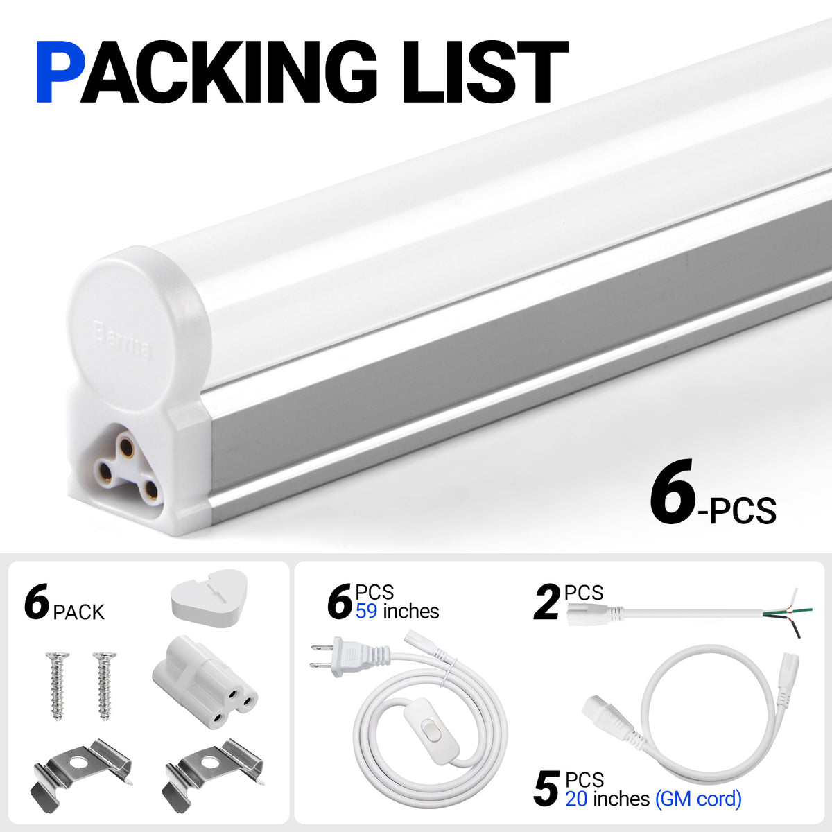 Barrina T5 20W LED Shop Lights 4FT 5000K 2200LM | Linkable & Corded Electric Switch | AAL20