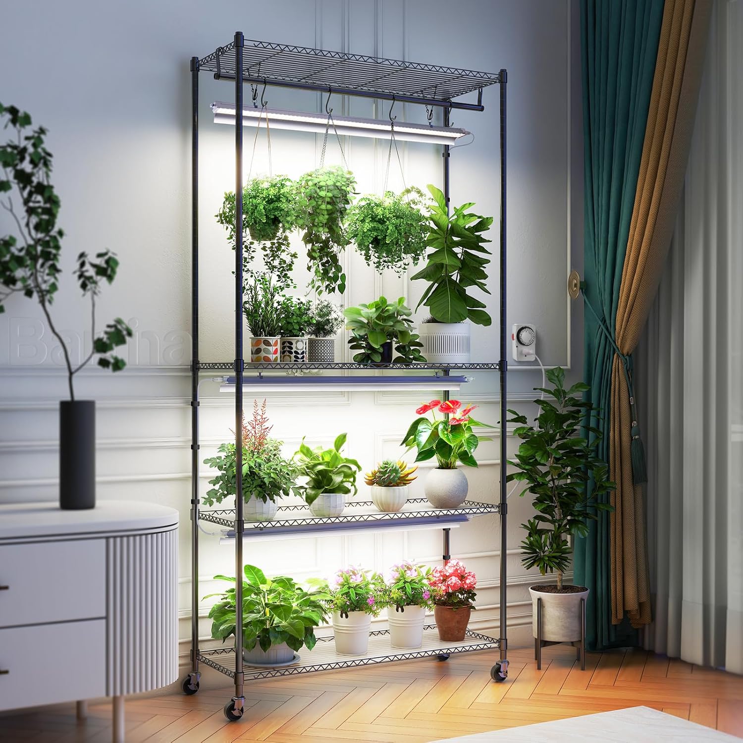 Barrina T5 4-Tier Plant Stand with 3Pcs 36W LED Grow Lights 3FT 5000K | Full Spectrum & Mechanical Timer | WI36