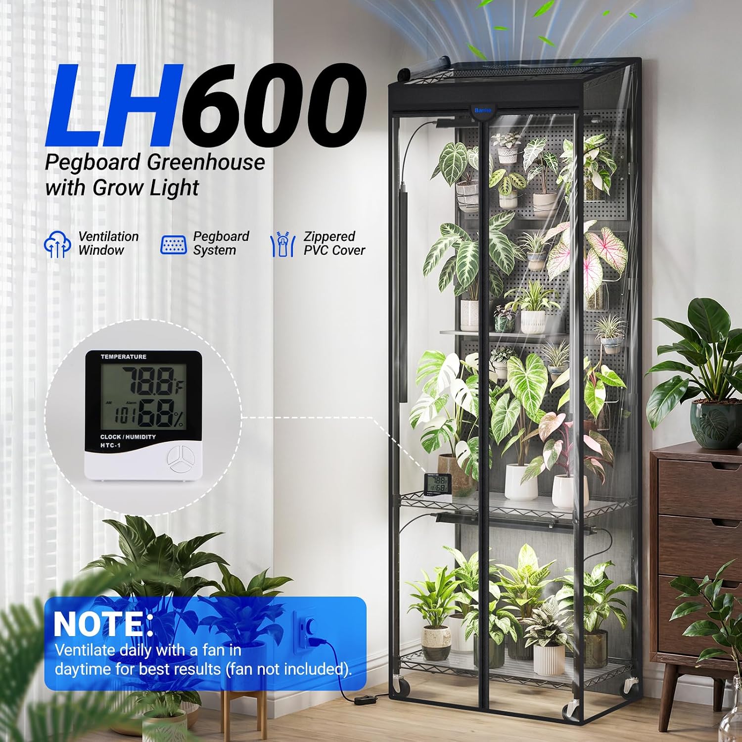 Barrina LH600  Greenhouse with 4-Pack Grow Lights 70W 5000K,  |  3 Adjustable Pegboards& Timer  | LH600