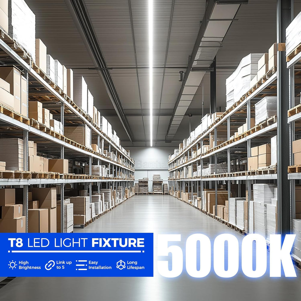 Barrina T8 5000K LED shop light tubes installed on a garage ceiling