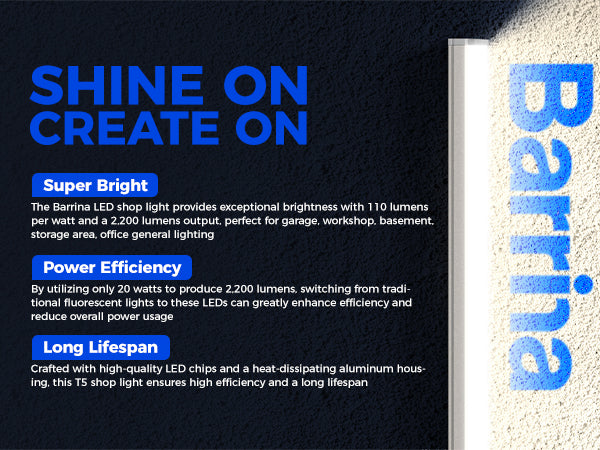 Barrina T5 20W LED Shop Lights 4FT 4000K 2200LM | Linkable & Corded Electric Switch | AAL20
