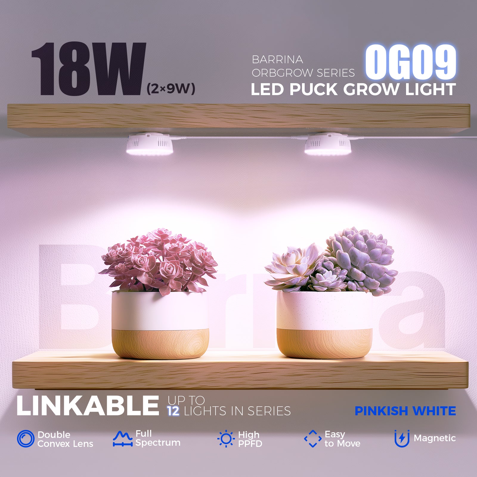 Barrina Orbgrow 9W LED Puck Grow Lights Pinkish White | Full Spectrum, Magnetic & Linkable | OG09