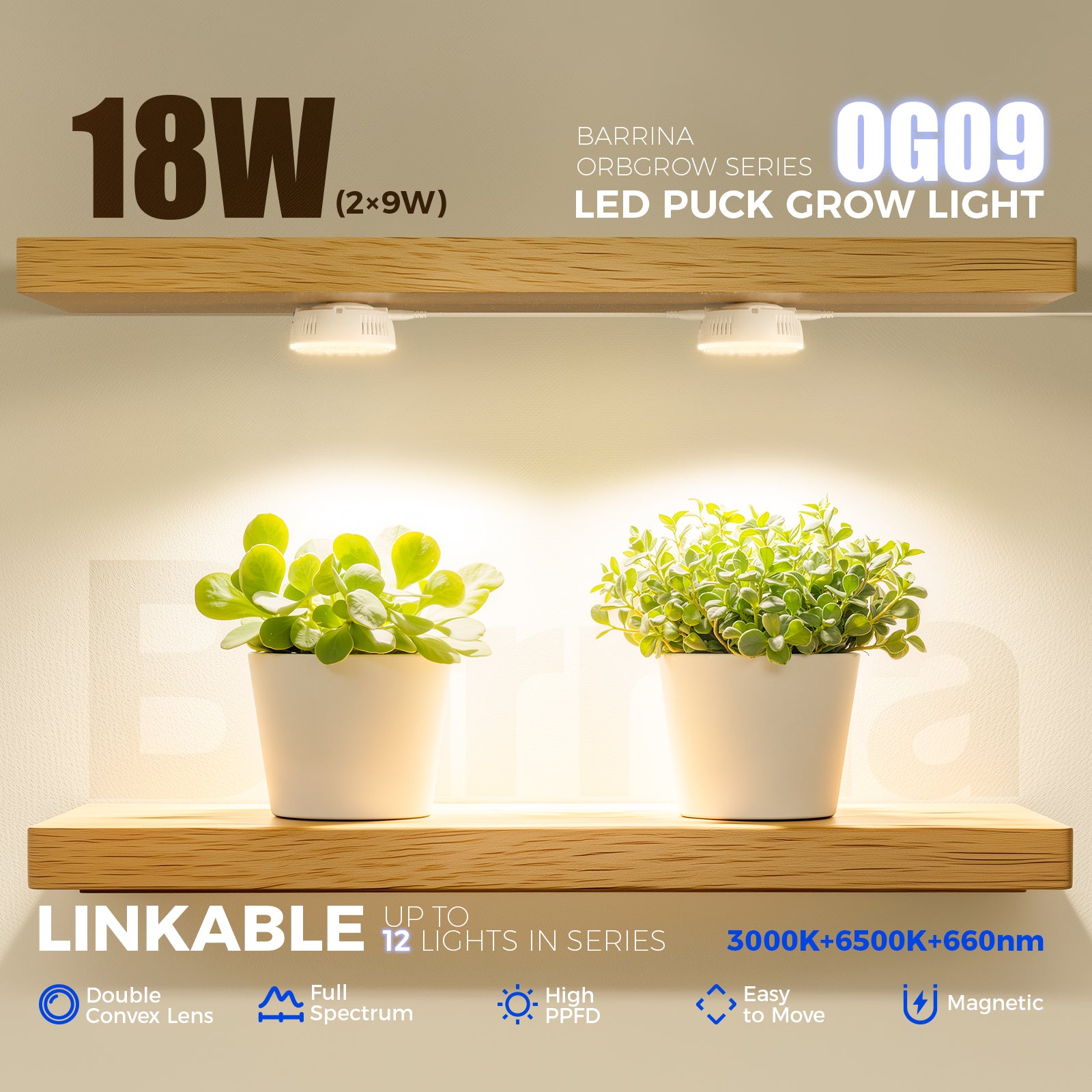 Barrina Orbgrow 9W LED Puck Grow Lights 3000K+6500K+660nm | Full Spectrum, Magnetic & Linkable | OG09